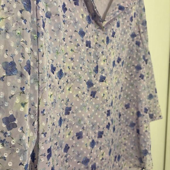Talbots Large Purple Floral Swiss Dot 3/4 Sleeve Textured Chiffon Blouse Henley - Picture 4 of 12
